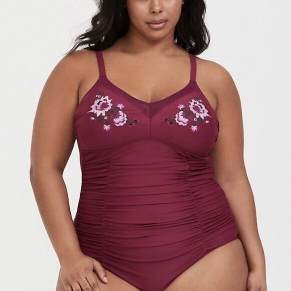 Torrid Burgundy Embroidered Ruched One-Piece Swimsuit – Size 0 (L) - Picture 2 of 16
